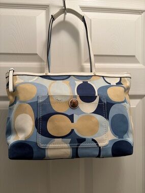 Coach Legacy Scarf Print Satin Signature C Tote 2007 Blue Gold Tote